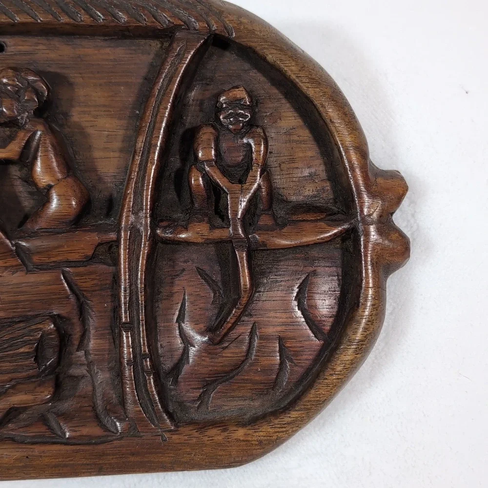 Hand Carved Wood Fishing Scene Wall Art – Primitive Tribal Relief Plaque – Boho